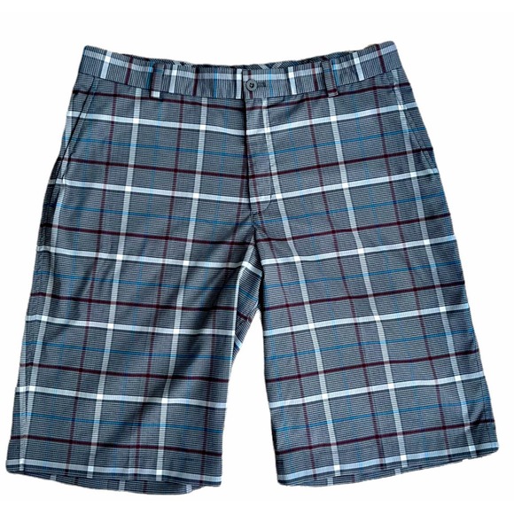 NIKE Golf Dri-Fit Shorts Size 34 Gray Blue Red Plaid 400774-021 - Picture 1 of 3